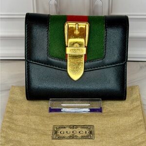 Gucci Sylvie Compact Trifold Wallet Black Leather | Sherry Line